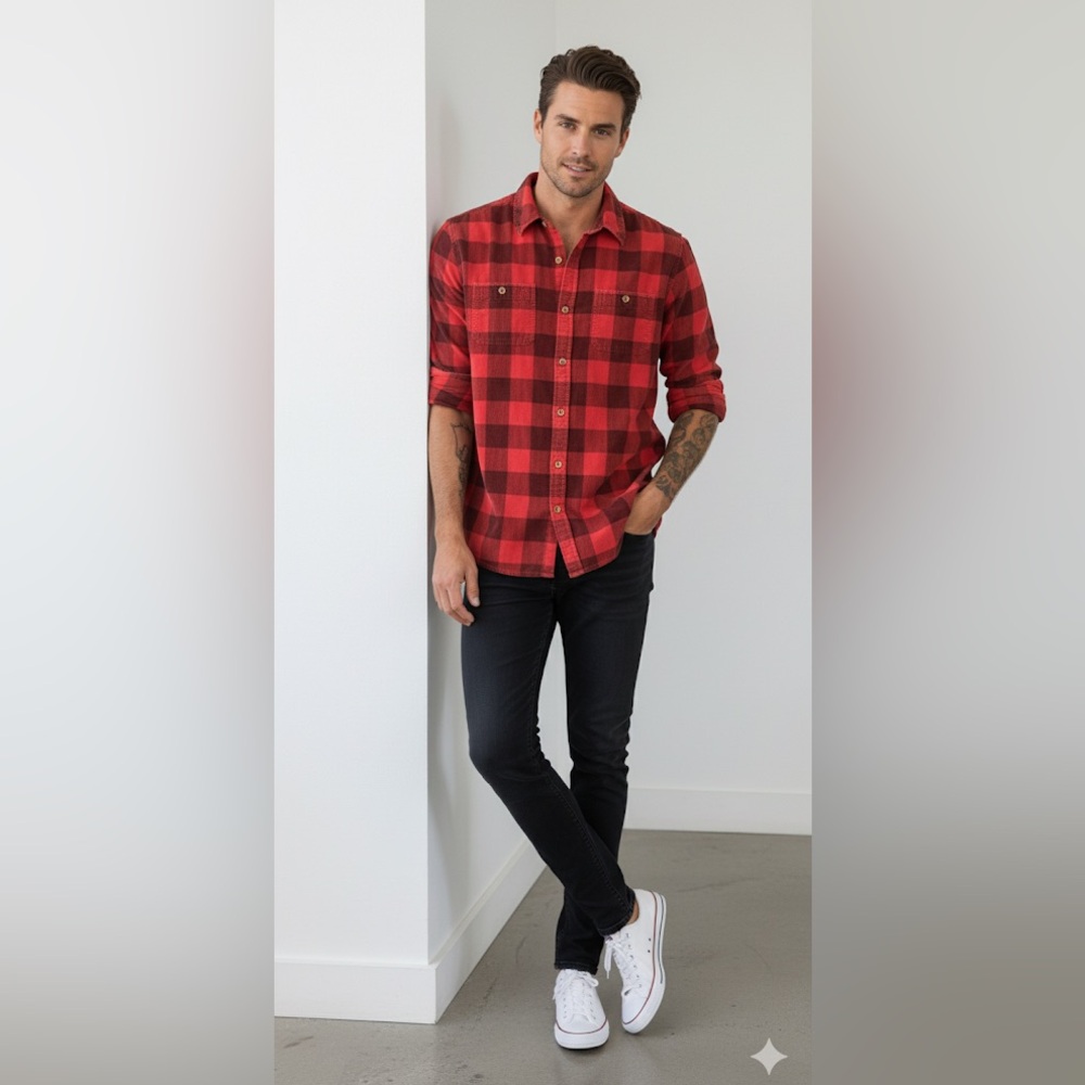 ROLLAS Men AT Work Red Check Plaid Heavyweight Cord Button Down Workwear Size M
